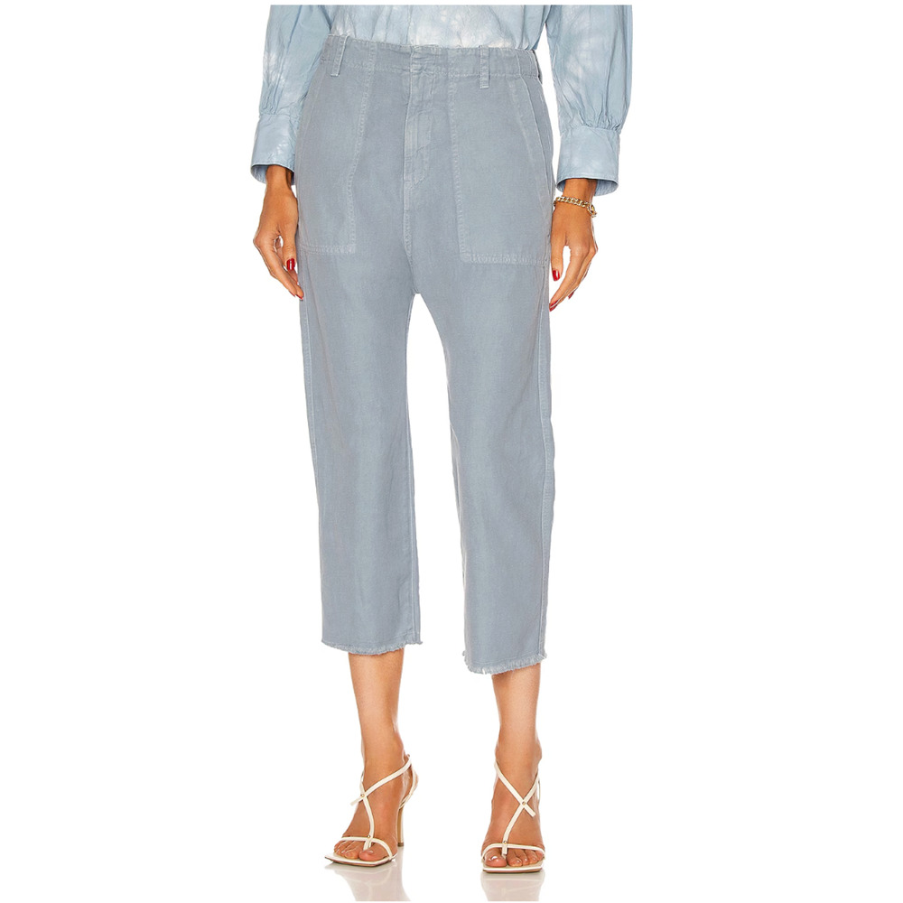 Nili Lotan 2 Linen Luna Pant $395 Cropped Slouchy Drop Crotch Cotton Slate Blue